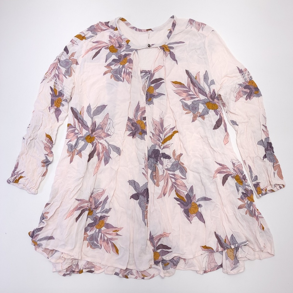 Free People Tree Swing Mini Dress Womens L Tunic Top Floral Oversized Pale Pink
